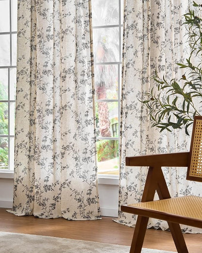 Lazzzy Farmhouse Linen Curtains Black Floral Curtains 84 Inch Length Back Tab Drapes for Living Room Bedroom Light Filtering Country Vintage Rod Pocket, 2 Panels, Black on Beige