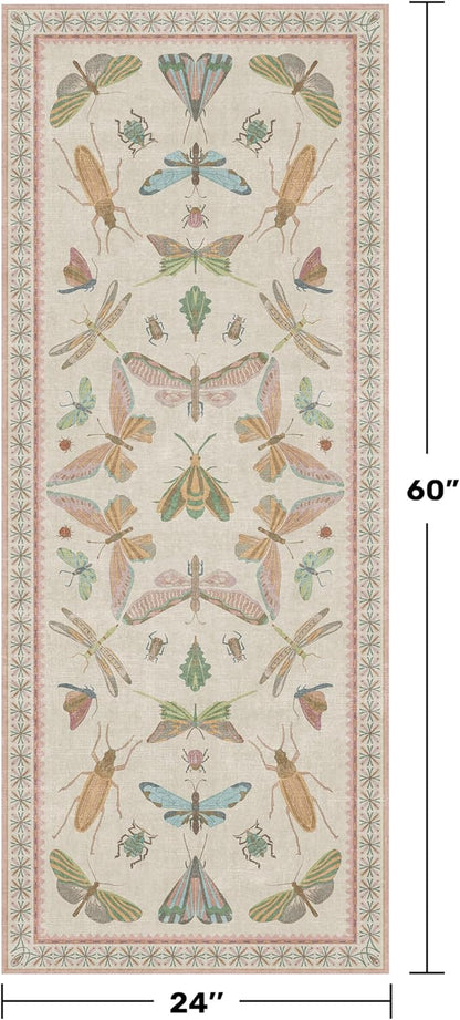 Hazo Haus Boho Bathroom Runners - 2x5 Pink Rug for Kitchen, Entry Way, Hallway, Non Slip Washable Butterfly Insect Print Home Decor