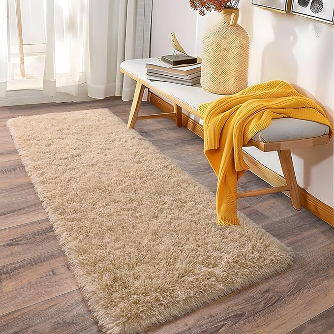 Soft Runner Rugs for Bedroom Hallways, 2x6 Beige Fluffy Shag Throw Area Rug Non Slip for Bedside Dorm, Long Shaggy Furry Carpet for Nursery Living Room