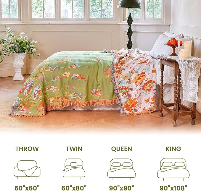 MSGKV Boho Throw Blanket 90"x108" Floral 100% Cotton Blanket with Flower and Butterfly for Bed Spring Breathable Lightweight Farmhouse King Blankets Home Decor Muslin