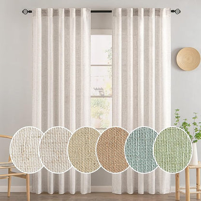 MIULEE White Linen Curtains 84 Inch Length 2 Panels for Bedroom Living Room, Soft Thick Linen Textured Natural Window Drapes Semi Sheer Light Filtering Back Tab Rod Pocket Burlap Look Decor