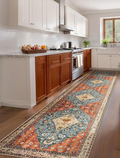 SERISSA Runner Rug for Hallways, 2'6"x12' Washable Non Slip Kitchen Runner Rug, Extra Long Boho Rug Ultra Soft Vintage Tribal Print Floor Carpet for Bedroom Hallway Entryway Bathroom Laundry Room