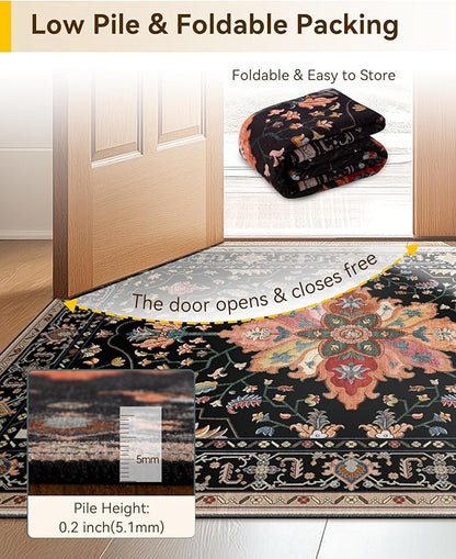 Area Rugs 2'6''x10' Runner Rug Non Slip Washable for Kitchen Hallway Bedroom Beside Laundry Room Bathroom Rug, Floor Carpet, Black Colorful Floral Dark Tan