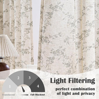 Lazzzy Grey Floral Linen Curtains 84 Inch Length Farmhouse Curtain Back Tab Drapes for Living Room Bedroom Light Filtering Vintage Rod Pocket Curtains, 2 Panels, Gray on Beige
