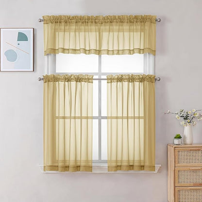 Chyhomenyc Sheer Gold Kitchen Tier Curtains 24 Inch Length Set, Small Window Curtains Treatment for Bathroom/Living Room/Cafe/Basement, Short Voile Curtain Tiers 42in x 24in, Rod Pocket, 2 PCS