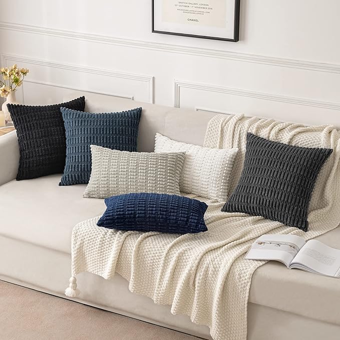 MIULEE Pack of 2 Corduroy Decorative Euro Sham Throw Pillow Covers 26x26 Inch Soft Boho Striped Pillow Covers Modern Farmhouse Home Decor for Summer Coastal Sofa Living Room Couch Bed Dark Blue