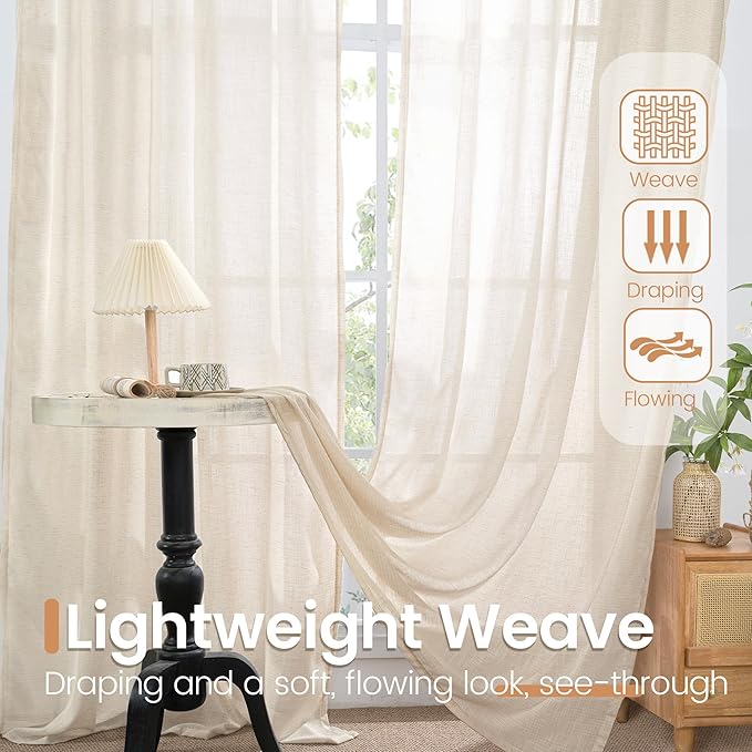 BGment Oatmeal Linen Curtains 40 Inch Length for Short Window - Semi Sheer Drapes Textured Light Filtering with Rod Pocket for Kitchen Bathroom Lightweight, 2 Panels Set, 42 X 40 Inch