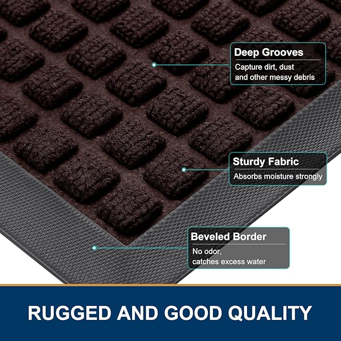 Smiry Front Door Mat Outside Entrance, Heavy Duty Natural Rubber Doormat, Non Slip, Trap Dirt and Moisture, Easy Clean, Low Profile Welcome Floor Mats for Indoor Outdoor Entry, 59x34 Inch, Brown