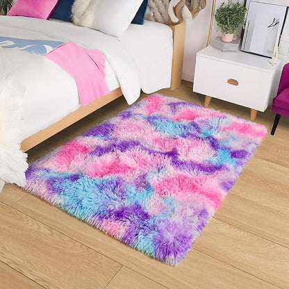 Tepook Soft Rainbow Rug for Girls Room, Cute Fluffy Girls Bedroom Rugs, 2x3 Feet Shaggy Princess Rug Colorful Carpet for Kids Teens Toddler Playroom Nursery Reading Nook, Hot Pink