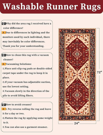 SERISSA Boho Washable Runner Rug, 2x6 Rug Runner Non-Slip Vintage Red Black Hallway Kitchen Runner Rug Ultra Soft Print Distressed Floor Carpet Runner for Bedroom Bathroom Laundry Living Room
