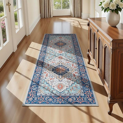 Lofus 2x6 Hallway Washable Runner Rug, Vintage Kitchen Runners Non Slip, Entryway Rugs for Bathroom Bedroom Living Room Laundry Room Floor Mat, Boho Entry Long Carpet, Floral Blue