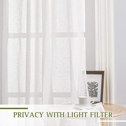 NICETOWN White Sheer Linen Curtains Flax Texture for Bedroom, Vintage Grommet Top Semitransparent Privacy Window Treatment Light Filtering for Living Room / Flat, W52 x L72, Set of 2