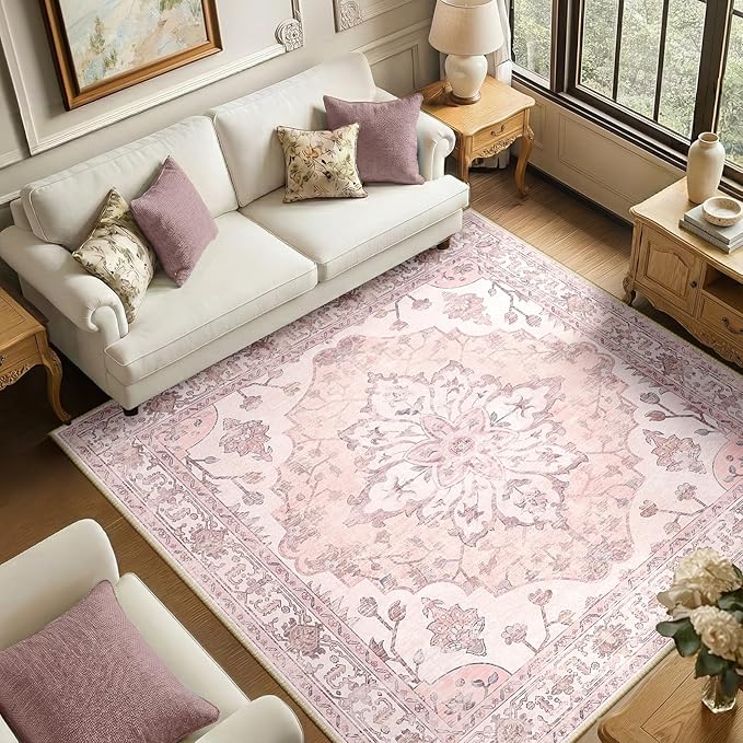 RELEANY Area Rugs Square 6ft Washable Non-Slip, Floral Vintage Distress Print Pattern Medallion Carpet for Living Room Bedroom Dining Room, Pink Greypink Cute