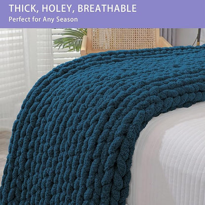 Bigacogo Chunky Knit Throw Blanket for Couch, 40x60 inches, 100% Hand Knitted with Thick Jumbo Chenille Yarn, Cozy Soft Large Rope Knot Cable Crochet Blankets for Sofa Bed Living Room, Deep Sea Blue