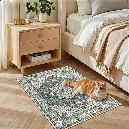 2x3 Area Rugs Living Room Rug: Washable Vintage Boho Medallion Rug No Slip Stain Resistant Soft Carpet Indoor Large Carpets for Bedroom Dining Room Farmhouse Nursery Hallway Home Office Green Ivory
