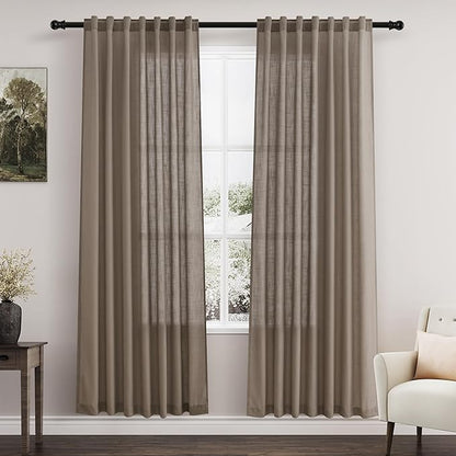 Nanspring Dark Taupe Linen Curtains 80 Inches Length for Living Room Back Tab Rod Pocket Semi Sheer Linen Drapes Muted Neutral Boho Linen Textured Window Curtain for Dining Room Bedroom 52X80 Inches
