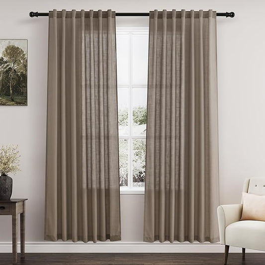 Nanspring Dark Taupe Linen Curtains 80 Inches Length for Living Room Back Tab Rod Pocket Semi Sheer Linen Drapes Muted Neutral Boho Linen Textured Window Curtain for Dining Room Bedroom 52X80 Inches