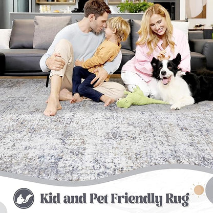 XLUEZ 10x14 Area Rugs for Living Room, Washable Modern Abstract Large Area Rug Neutral Soft Non Slip Kids Rug Stain Resistant Indoor Carpet for Bedroom Dining Room Playroom Office(Bluegrey, 10'x14')