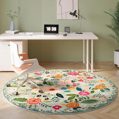 Rugcomf Round Rug 6ft Washable Circle Rug Non Slip Low Pile Boho Floral Small Circular Rug for Bedroom, Bathroom, Entryway, Kids Room, Office, College Dorm(Green)