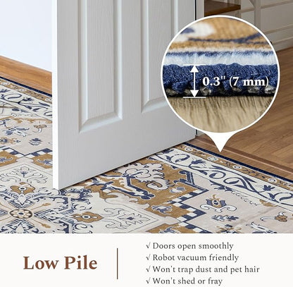 Rugflix 9x12 Area Rug for Living Room, Machine Washable Area Rugs with Non-Slip Backing, Large Soft Boho Vintage Rug for Bedroom, Dining Room, Low Pile Carpet, Kids Pet Friendly, Brown Beige