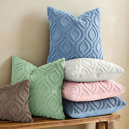 decorUhome Throw Pillow Covers 18x18 Inch Set of 2, Soft Plush Faux Wool Blue Solid Couch Pillow Covers, Accent Farmhouse Neutral Square Pillow Cases for Sofa Bed Living Room
