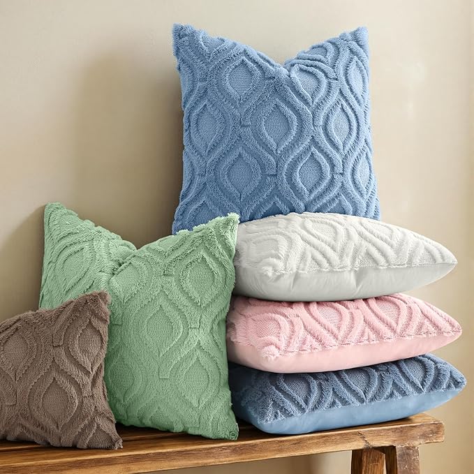 decorUhome Throw Pillow Covers 12x20 Inch Set of 2, Soft Plush Faux Wool Blue Solid Couch Pillow Covers, Accent Farmhouse Neutral Rectangle Pillow Cases for Sofa Bed Living Room