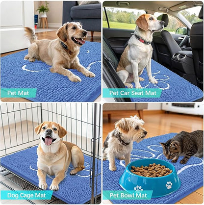 OLANLY Dog Door Mat for Muddy Paws 30x20, Paw Print Design, Absorbs Moisture and Dirt, Absorbent Non-Slip Washable Doormat, Quick Dry Chenille Mud Mat, Entry Indoor Entryway Carpet, Cornflower Blue
