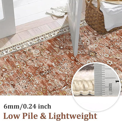 Yamaziot Washable Runner Rug 2x8 – Non Slip Boho Floral Hallway Runner Rug with Rubber Backing, Low Pile Wool Distressed Carpet for Kitchen, Laundry, Bedroom, Entrance, Brick-red