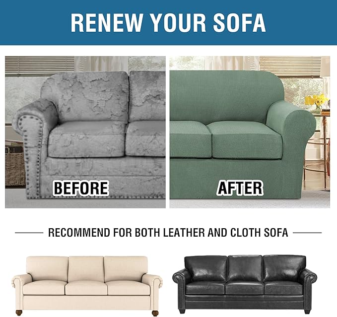 H.VERSAILTEX 4 Piece Stretch Sofa Covers for 3 Cushion Couch Covers for Living Room Furniture Slipcovers (Base Cover Plus 3 Seat Cushion Covers) Upgraded Thicker Jacquard Fabric (Sofa, Loden Frost)