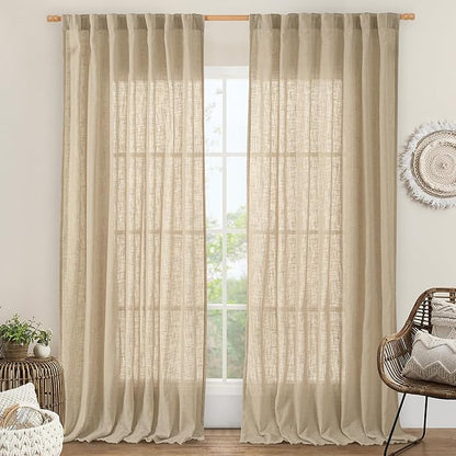 LAMIT 84 Inch Long Linen Curtains for Living Room 2 Panels Set, Light Filtering Semi Sheer Curtains Back Tab and Rod Pocket Neutral Panels for Bedroom, Brown, 60 x 84 Inch