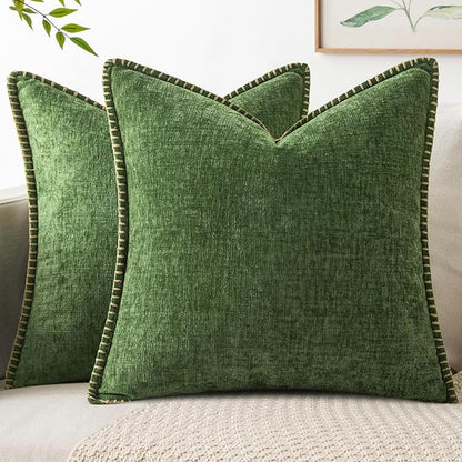 MIULEE Pack of 2 Pillow Covers 20x20 Inch Moss Green Farmhouse Decorative Throw Pillow Covers with Stitched Edge Soft Chenille Solid Dyed Couch Pillow Covers for Sofa Bed Living Room