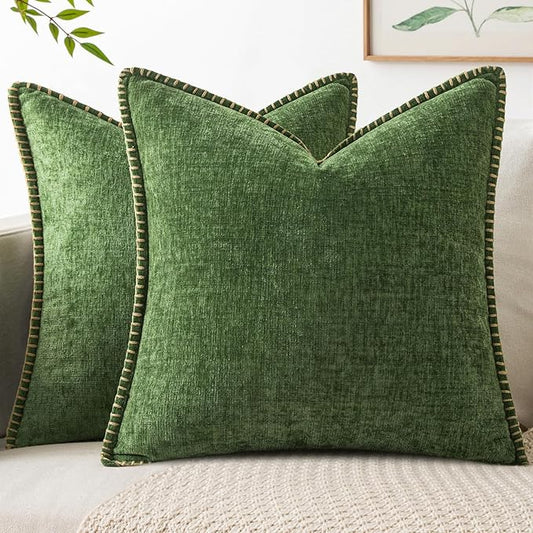 MIULEE Pack of 2 Pillow Covers 20x20 Inch Moss Green Farmhouse Decorative Throw Pillow Covers with Stitched Edge Soft Chenille Solid Dyed Couch Pillow Covers for Sofa Bed Living Room