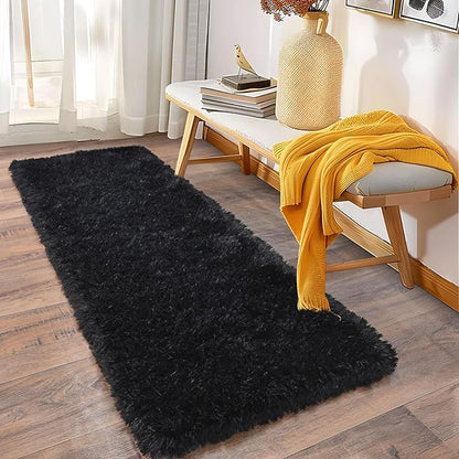 Soft Runner Rugs for Bedroom Hallways, 2 Packs 2x6 Black Fluffy Shag Throw Area Rug Non Slip for Bedside Dorm, Long Shaggy Furry Carpet for Nursery Living Room