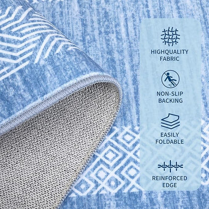 GarveeHome 9x12 Large Modern Light Blue Area Rug Distressed Bordered Soft Non Shedding Floor Carpet, Geometric Washable Non Slip Low Pile Indoor Area Rug for Living Room, Bedroom