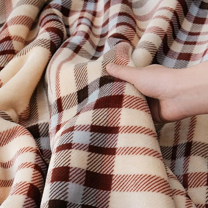 PU MEI Sherpa Fleece Throw Blanket 60" x 80" Reversible Plush Fluffy Large Big Blanket Lattice Flannel Blankets for All Season Use, Beige Stripe