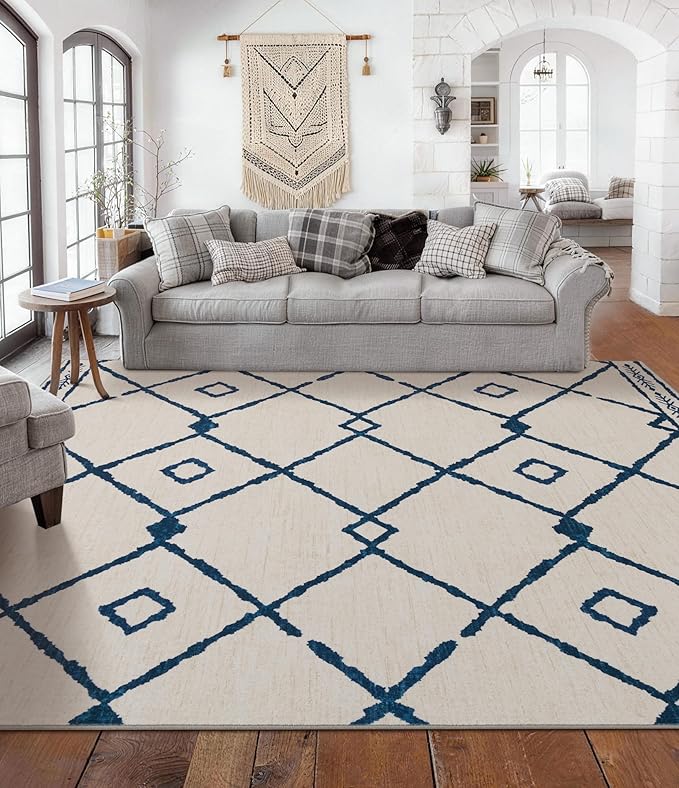 YIHOUSE Boho Rugs for Living Room, 6x9 Western Beige and Blue Area Rug, Moroccan Geometric Soft Low-Pile Washable Rugs for Bedroom, Dining Room