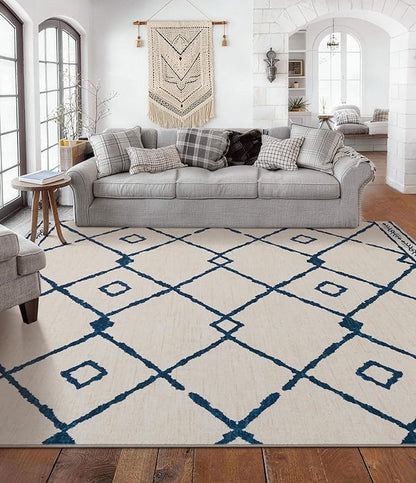 YIHOUSE Boho Rugs for Living Room, 6x9 Western Beige and Blue Area Rug, Moroccan Geometric Soft Low-Pile Washable Rugs for Bedroom, Dining Room