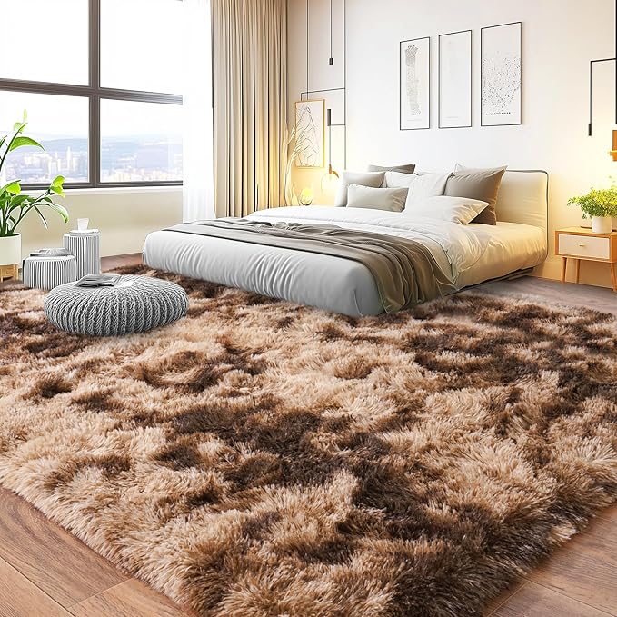Pionblank 9x12 Area Rug, Large Area Rug for Living Room, Shag Rug for Bedroom Brown, Soft Furry Non Slip Carpet for Kids Room Nursery Teens Dorm Home Decor, Tie-Dyed Coffee