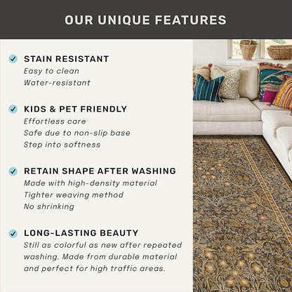 Hazo Haus Non Slip 2x10 Gold Brown Hallway Runner - 10ft Long Runner Rugs, Washable Kitchen Floor Mat - Vintage Floral Design Décor