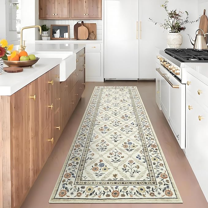 Washable Kitchen Runner 2x6 Non-Slip Floral Carpet Runner for Entryway Indoor Ultra Soft Stain Resistant Long Rugs Farmhouse Floor Mat for Hallways Laundry Bedroom Beige