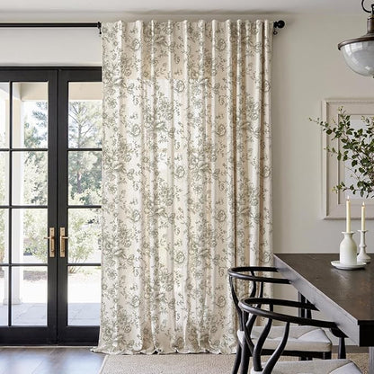 jinchan Linen Floral Curtains 100 Inch Extra Wide for Patio Sliding Glass Door Room Divider Curtain for Living Room 108 Inch Length Farmhouse Peony Green Printed Curtain Set 1 Panel