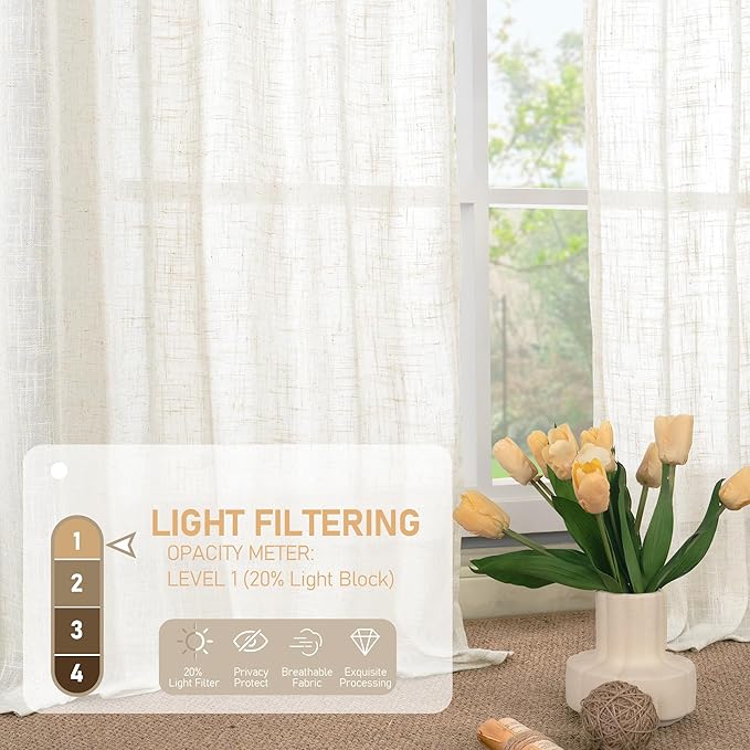 LAMIT Cream Linen Semi Sheer Curtains 45 Inch for Windows, Light Filtering Neutral Bedroom Curtains Farmhouse Boho Back Tab and Rod Pocket Decor Panels, 2 Panels, 52 x 45 Inch