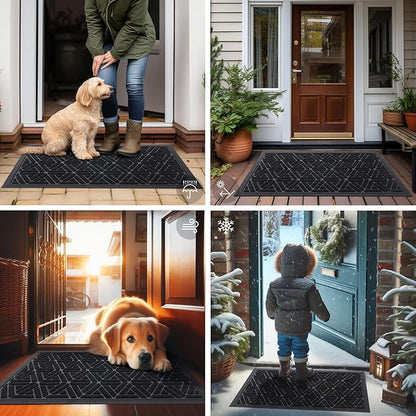 Smiry Front Door Mat Outside Entrance, Heavy Duty Sturdy Natural Rubber Doormat, Trap Dirt and Moisture, Easy Clean Low Profile Mats for Indoor Outdoor Entry, Grid Geometric (47x23, Black)