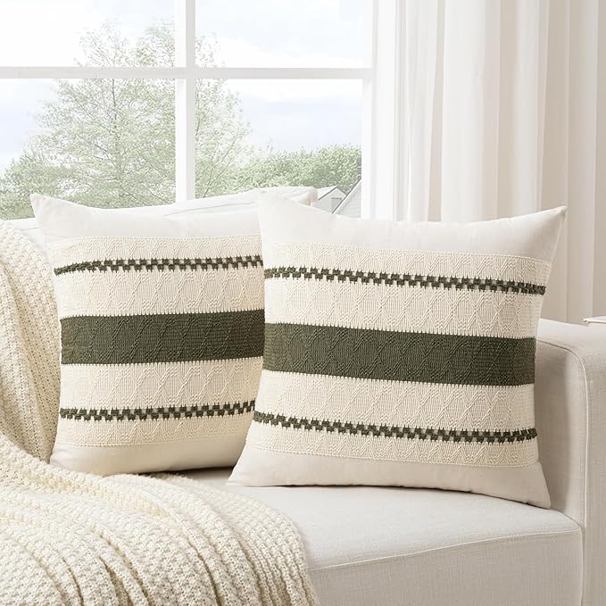 Fancy Homi Set of 1 Boho Olive Green Decorative Throw Pillow Cover 20x20 Inch for Couch Bed Sofa, Aesthetic Modern Organic Farmhouse Home Decor, Soft Cotton Cute Accent Macrame Woven Cushion Case