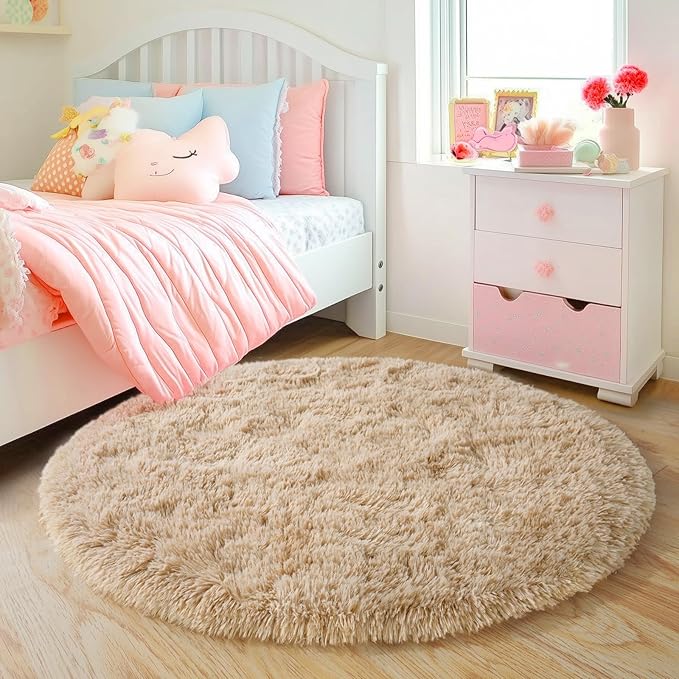 4'x4' Beige Round Rug for Bedroom, Ultra Soft Fluffy Circle Rug for Kids Girls Boys Room, Cute Shag Rugs for Living Room Playroom Tent Castle Home Decor Rug