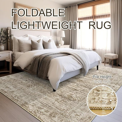 Washable Area Rug 8x10, Large Soft Rugs for Living Room Vintage Area Rugs for Bedroom Dining Room Non-Slip Stain Resistant Brown Under Table Rug