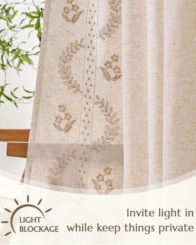 jinchan Belrose Lined Linen Blend Curtains Boho Floral Curtains for Bedroom 96 Inch Length Beige Embroidered Drapes Rod Pocket Farmhouse Flower Drapes for Living Room Window Treatments Set 2 Panels