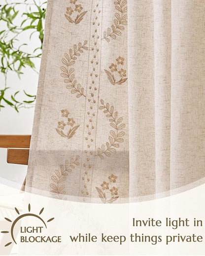 jinchan Belrose Lined Linen Blend Curtains Boho Floral Curtains for Bedroom 84 Inch Length Beige Embroidered Drapes Rod Pocket Farmhouse Flower Drapes for Living Room Window Treatments Set 2 Panels