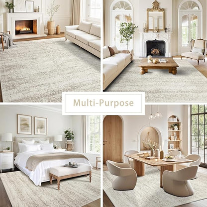 Washable Area Rug for Living, Bedroom & Dining Room, Ultra Soft Faux Wool Retro Large Carpet, Non-Slip/Shedding Low Pile Vintage Print for Home Office Decor, Beige Ivory Cream Brown Camel, 5x7