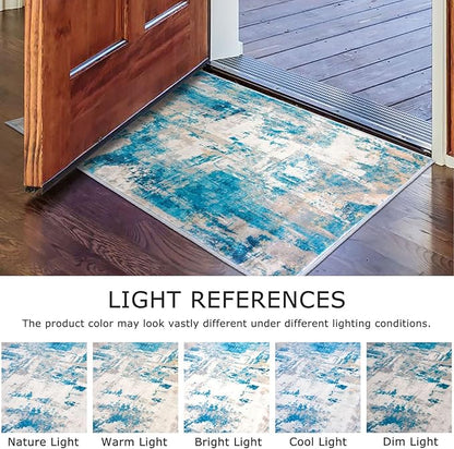 KOZYFLY Small Area Rug 2x3 Rug Entryway Rugs Indoor Non-Slip Modern Abstract Machine Washable Rug, Kitchen Mats for Floor Front Door Rug Low Pile Small Carpet Floor Mats, Turquoise/Beige/Grey/Yellow
